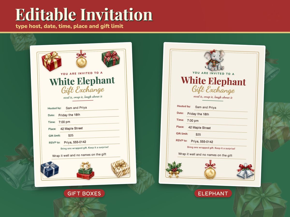 White Elephant Gift Exchange Set: Invitation, Rules and Cards, image 2