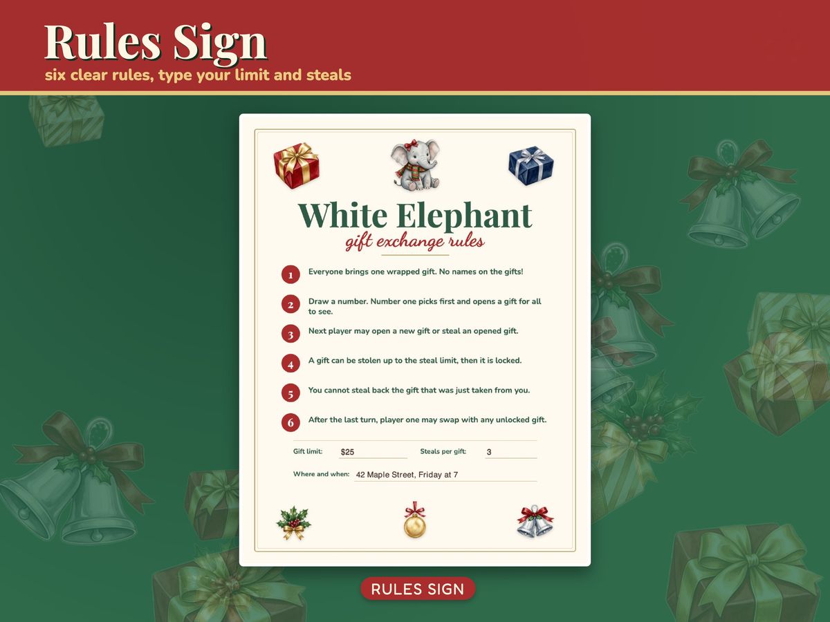 White Elephant Gift Exchange Set: Invitation, Rules and Cards, image 3
