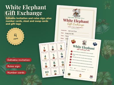 White Elephant Gift Exchange Set: Invitation, Rules and Cards